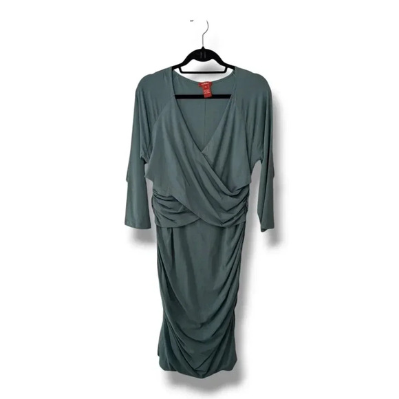 Sundance Womens Eternal Compliment Dress Green Faux Wrap Stretched Ruched Sz XL - Picture 2 of 14